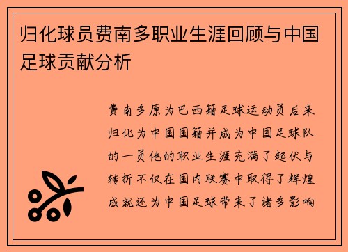 归化球员费南多职业生涯回顾与中国足球贡献分析