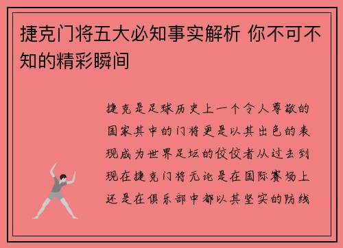 捷克门将五大必知事实解析 你不可不知的精彩瞬间